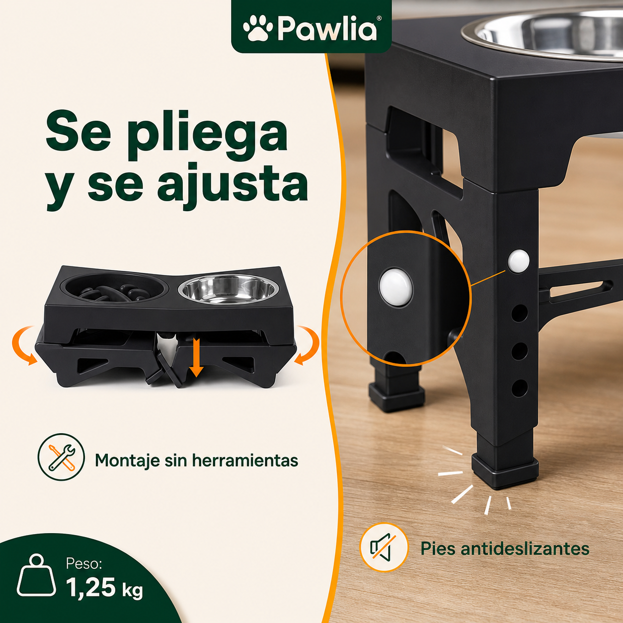 Patas plegables y pies antideslizantes de Pawlia ElevEat