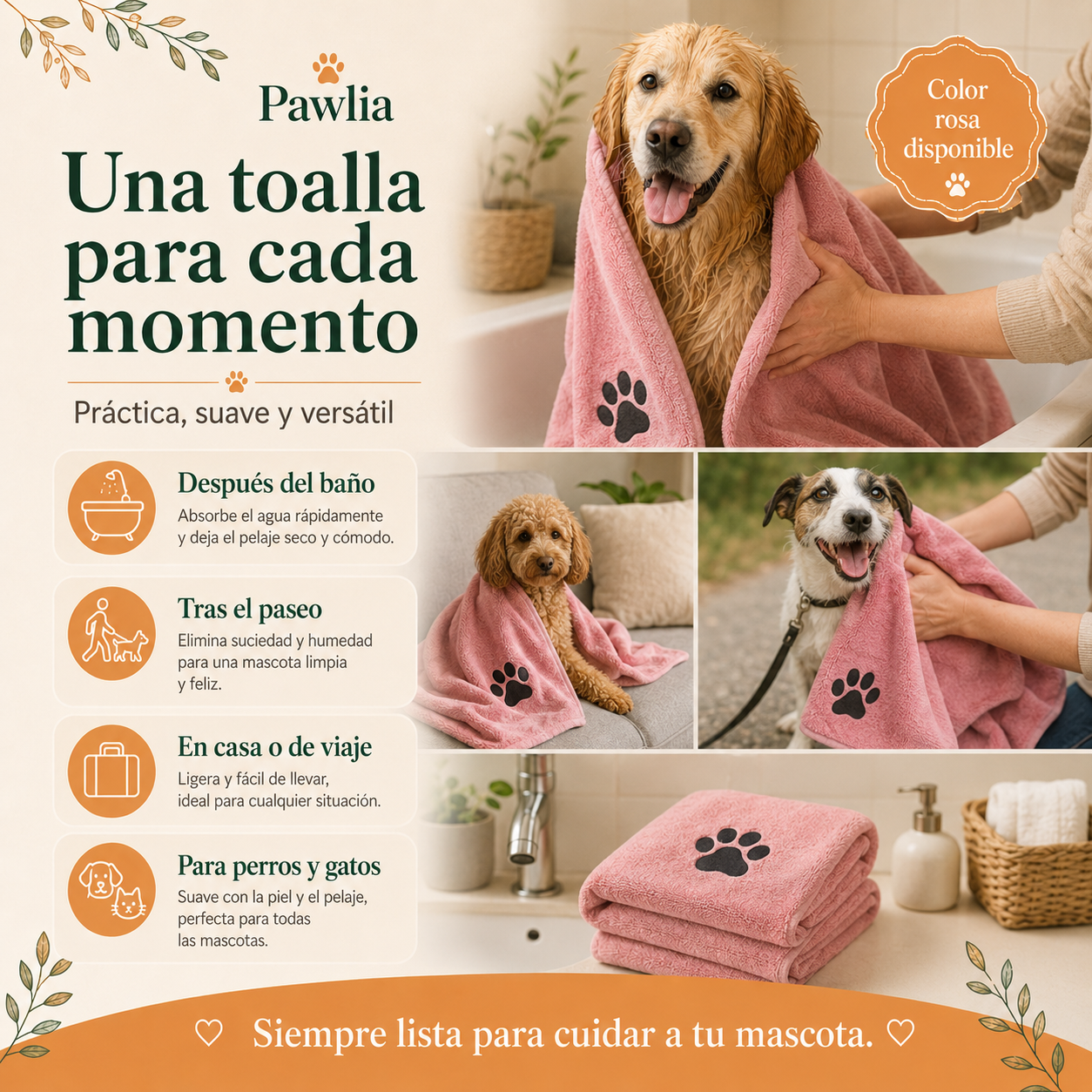 Pawlia DrySoft - Toalla de Microfibra para Perros y Gatos