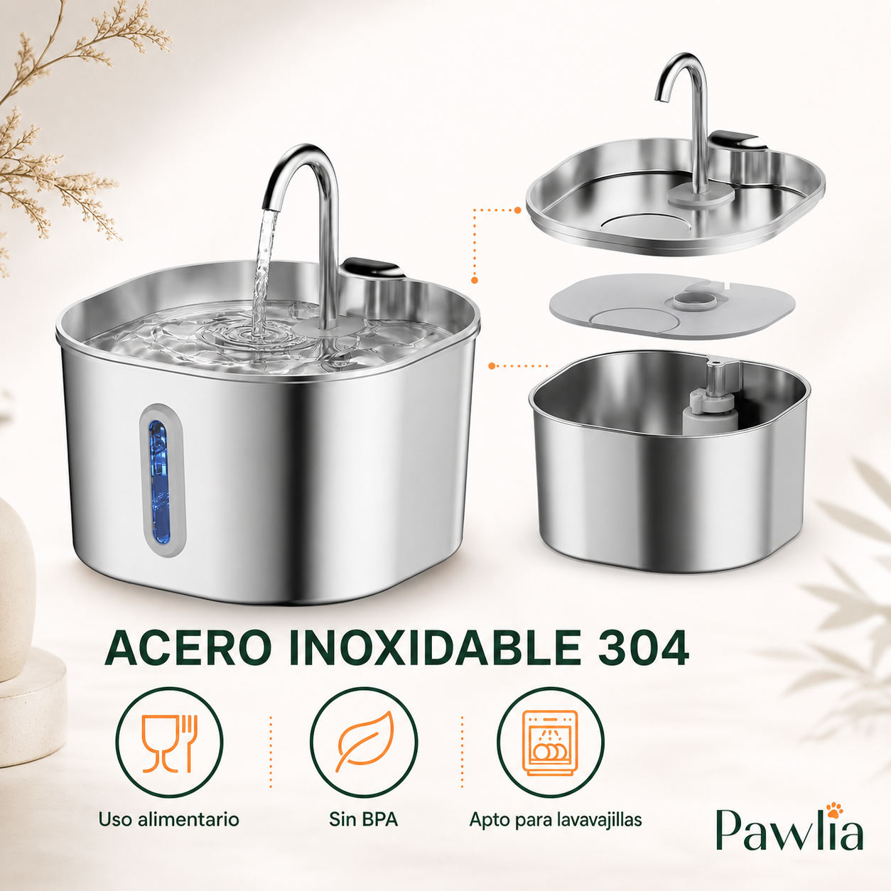 Acero inoxidable 304 y piezas aptas para lavavajillas