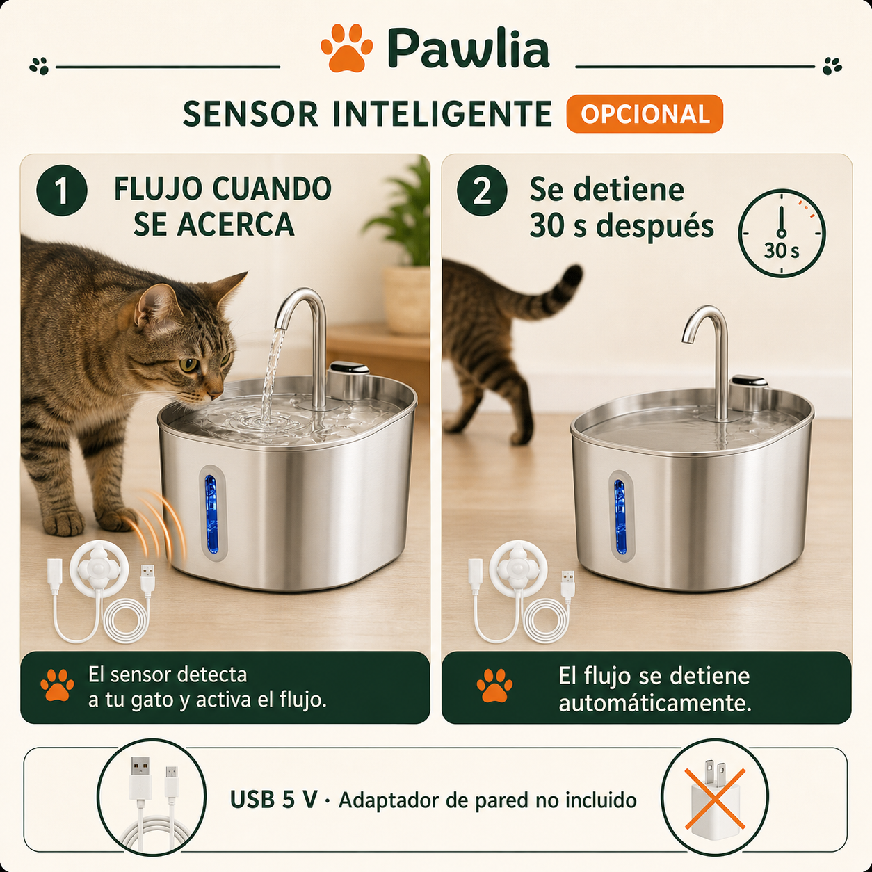 Sensor inteligente opcional y alimentación USB 5 V
