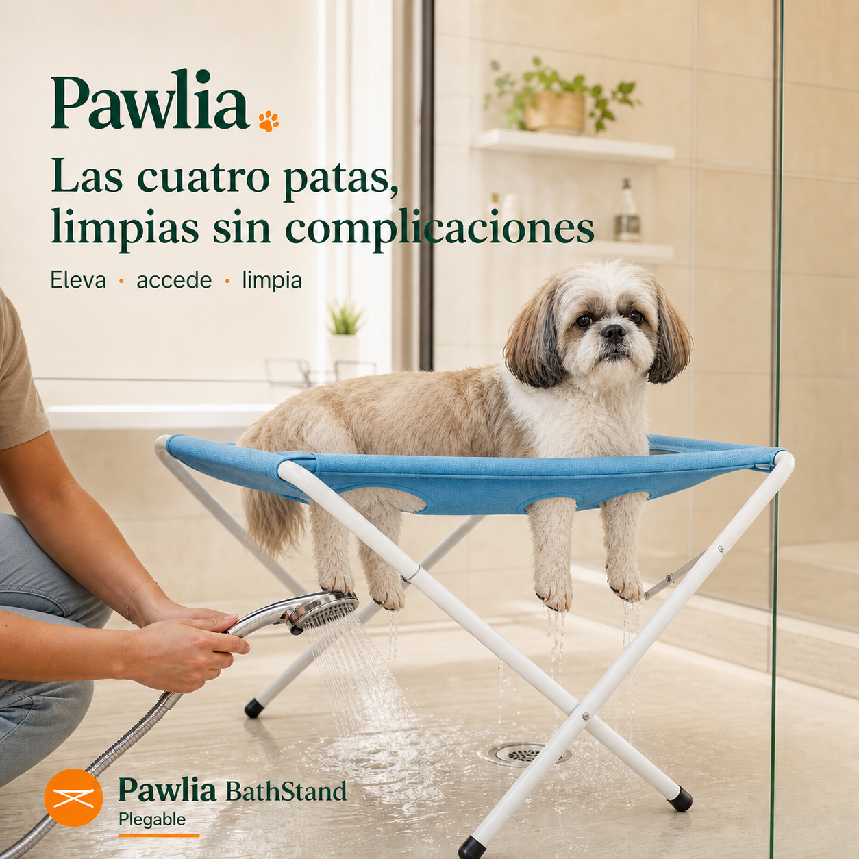 Pawlia BathStand dentro de la ducha con perro correctamente colocado