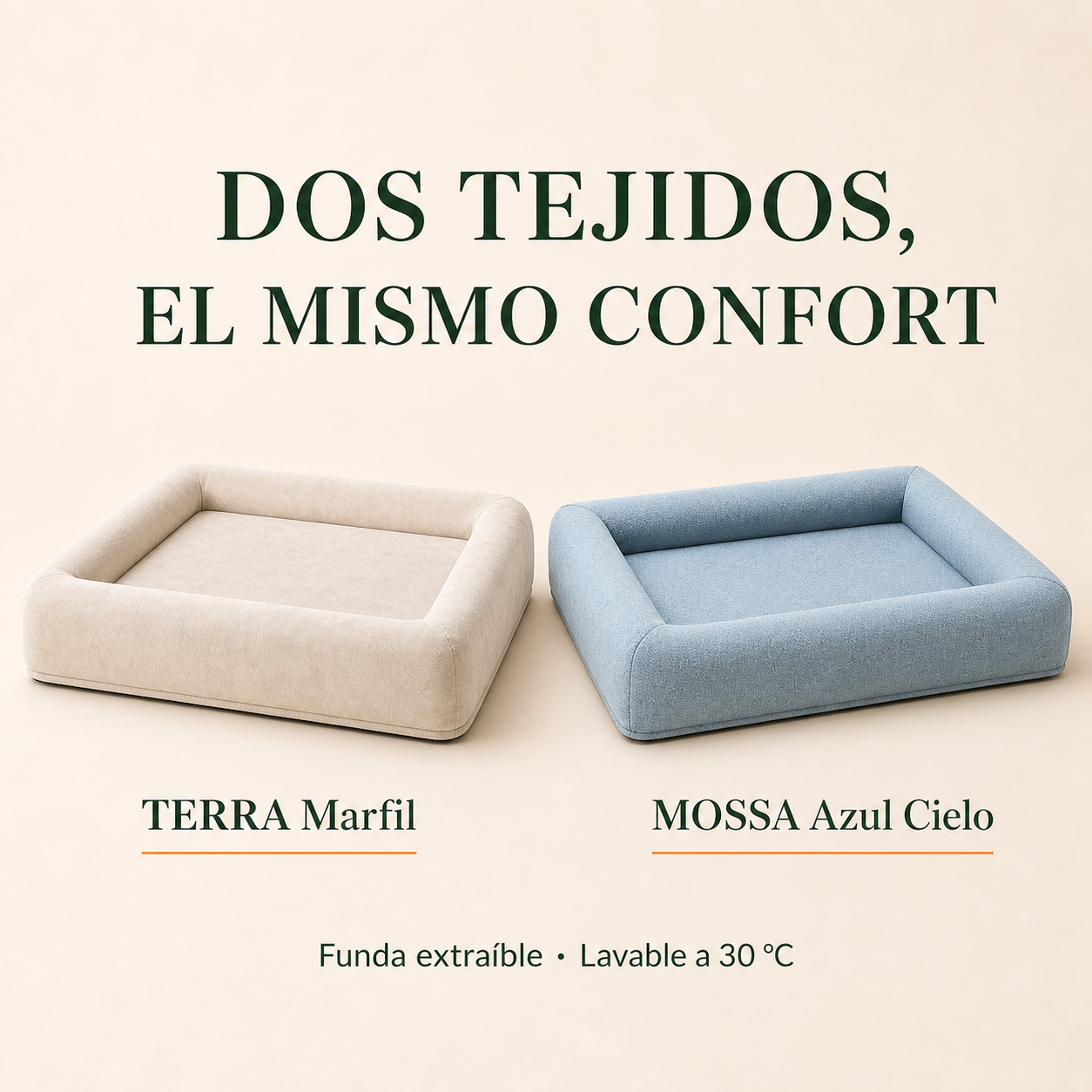 Tejidos TERRA Marfil y MOSSA Azul Cielo